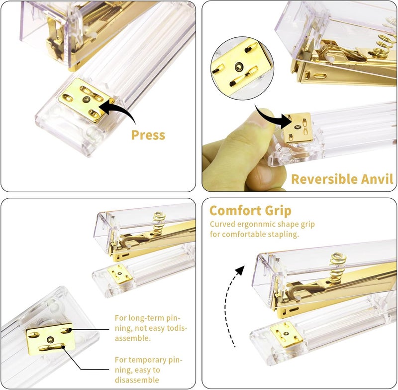 yuun Gold Desk Accessories, Office Supplies Set with Acrylic Stapler, Tape Dispenser, Staple Remover, Pen Holder, Scissor, Binder Paper Clips, 1 Ballpoint Pen, 1 Clear Tape and 1000pcs Staples - Image 4